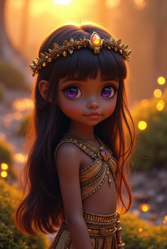 (Baby Face), (Round face), (a bit chest), (Long Hair:1.2, Large forehead:1.2), (Straight cut bangs:1.2), (Brown Hair),  Shiny Hair, hairpin, Curled eyelashes:0.6,(beautiful Big eyes:1.3), Complex eyes, Beautiful attention to detail, Symmetrical eyes, Big eyes:1.5, (Purple eyes:1.2), Very detailedcuteアニメの顔, Clear pale blush, Dark brown skin, alone,🦄,🌈, cute, prayer, Long loincloth, (belly button), (wreath), Shaman Tribal costume, String Tribal, (((Shiny skin:1.5, Sunburned skin, Light Skin: 1.5, Sunburned skin, Glowing Skin, very Glowing Skin, Shiny body))),((Browsing Caution)),(Tribal costume, ancient egyptian style),((a bit , Little))),((Tiny little body)),((Flat Chest)),

((Wet clothes,Complex outfit:1.2,Complex clothes:1.2))

Centered, Scale to fit dimensions, Three-part method, Cowboy Shot, thought,

Outdoor,Overgrown,(Overgrown background,Glowing Crystal,Luminescent plants),scenery,extremely scenery,(((Glowing Crystal,Luminescent plantss))),(Puddles everywhere,Moss,Moss on the background),cloud,Yuri、pad,palm,already,(sunset, Golden Hour),

,(Highest quality,8k,32K,​masterpiece), High resolutionolution,(PhotoRealistic:1.4), Ray Tracing, Sun glare, Depth of written boundary, By backlight effect, Add depth to the screen,(((Vibrant colors, Vibrant Themes))),(Complex),(High Contrast, photoRealistic artwork:1.37),(Highest quality,4K,High resolution,masterpiece:1.2),Very detailed,(Realistic, photoRealistic,photo-Realistic:1.37), Professional,