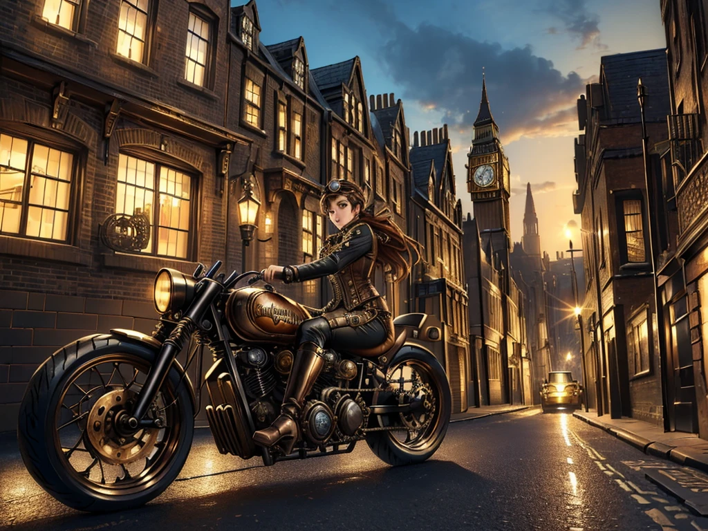 (((1 steampunk girl on steampunk motorcycle, detailed face, steampunk outfit, goggles, gears, chasing a steampunk vehicle, set in 1800, London street, victorian architecture, cobblestone road, steam pipes))), glowing neon lights, cinematic lighting, dramatic angles, intricate details, dynamic motion blur, (best quality,8k,highres,masterpiece:1.2),ultra-detailed,(realistic,photorealistic,photo-realistic:1.37),cinematic,highly detailed,dramatic lighting