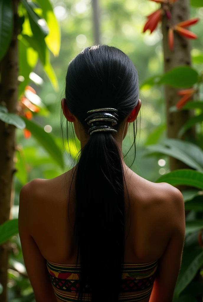 Polynesian woman seen from behind, long hair tied with a black clip, against a jungle background