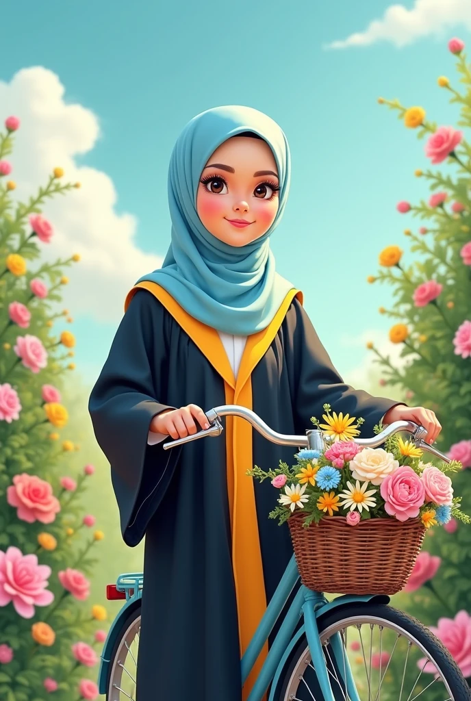 Realistic Karikatur, A women wearing hijab, wearing pastel blue graduation hood with yellow color on the edge, wearing black graduation gown, Long graduation gown that covers the ankles, wearing shoes, bicycle background with flower basket, flower garden background , kawaii theme designs, kawaii poses