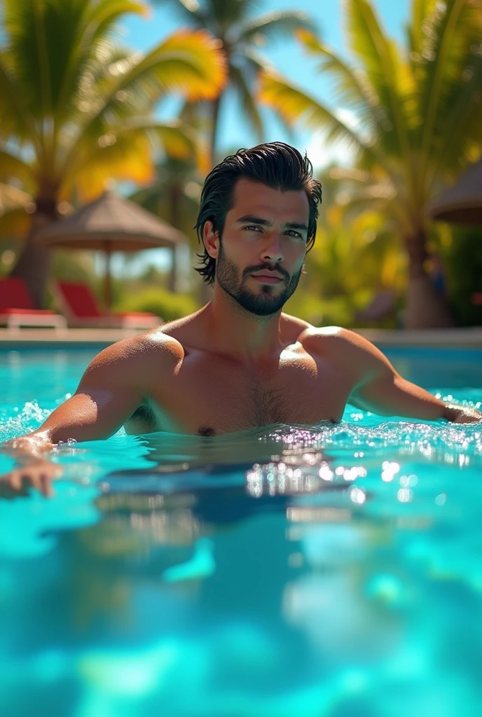 one  men, Bblack hair, wearing nothing (hairless), muscular surfer, in a pool