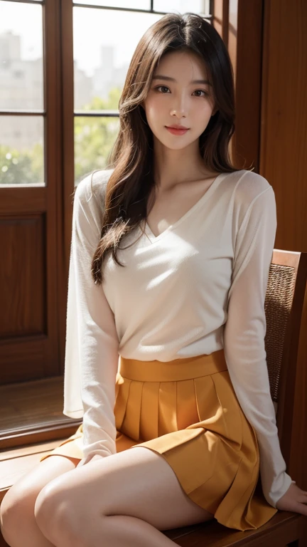 Japanese Beauty,Skirt length to knee, 極其詳細且Realistic肖像, high quality, Realistic, 8k, bright colors, Studio lighting, Warm colors, Detailed facial features, Sharp eyes, Perfectly sculpted lips, delicate skin, flowing hair, beautiful expression, elegant posture, , Pleated Skirt, indoor environment, natural lighting, spotlight on face, intricate details, Surreal, Award-winning digital art