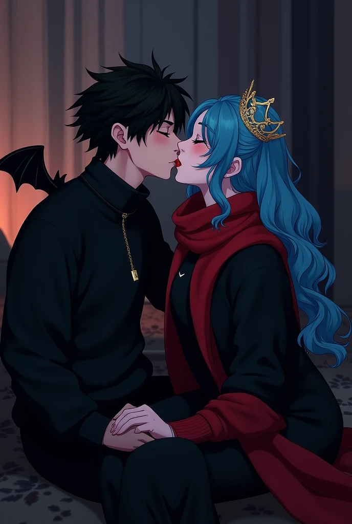 Create an anime image of two 19 year old boys,one is called Bat he wears a black sweatshirt,her hair is black with two bat wings,the other one is called Sdepy he wears a black sweatshirt with a red scarf,her hair is cyan and she wears a crown and is on her lap,the two are kissing, saliva coming out,they are in a dark room 