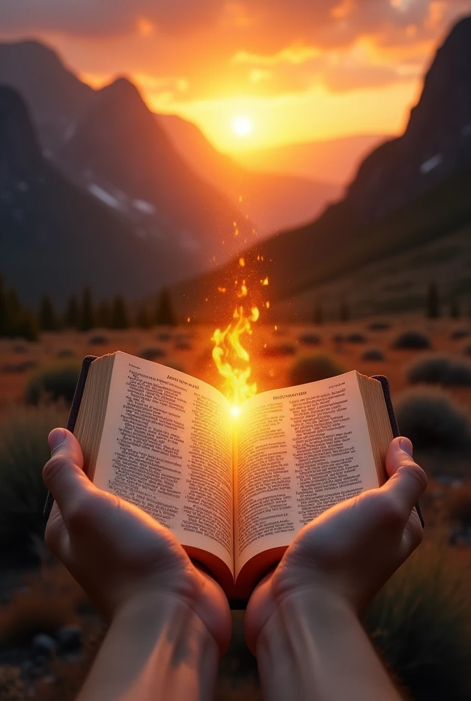 In a fiercely fire and wilderness mountain background an upfront layer of two hands of a person holding the open bible close up to the screen where the words of bible appearing like the shining fire and power of the Lord where he is reading James chapter 1 visible on the open bible