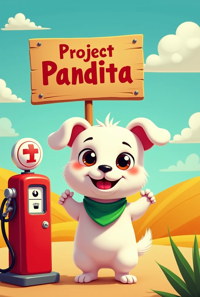 White little dog selling gasoline just make a logo that says project pandita