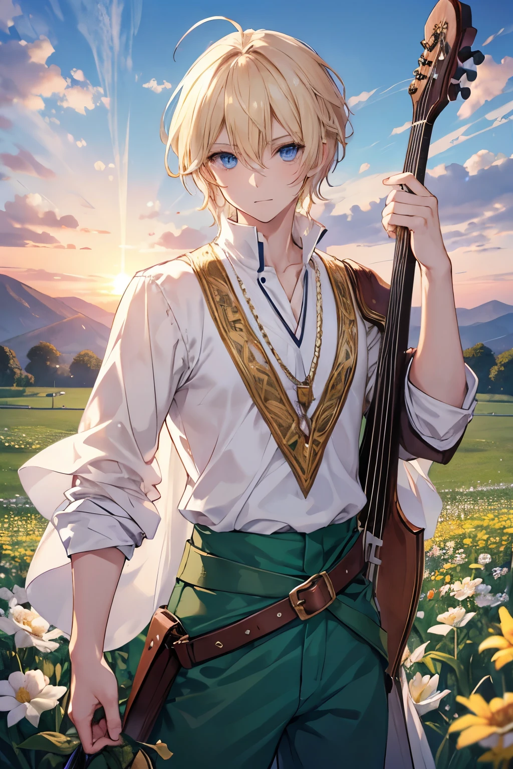 Male bard, blond, medium length tousled hair, Blue eyes, Dressed in a white cotton shirt with a large neckline, Green baggy pants, Brown boots, Joyful facial expression, A sheath hangs on the belt, Behind the back there is a lute, in the background there is a flower field and sunset