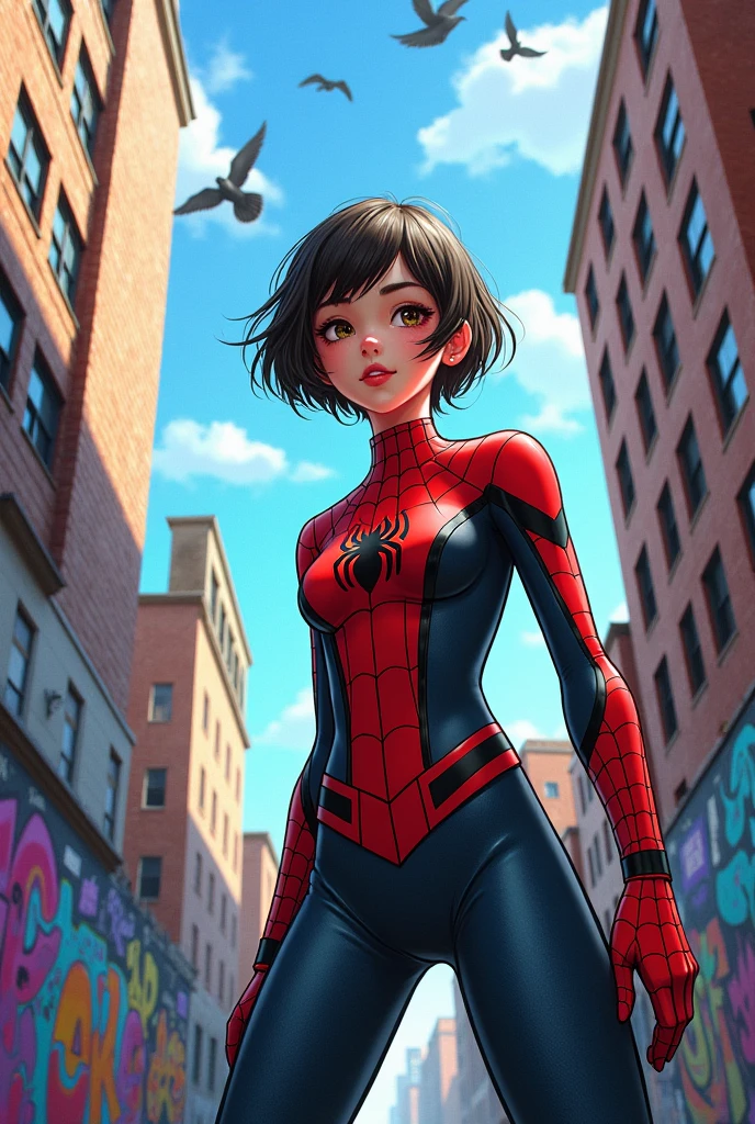 A 15 year old girl,short hair, color cafe, Brown eyes, pale skin color, with a black and red spiderman suit (cardboard style)