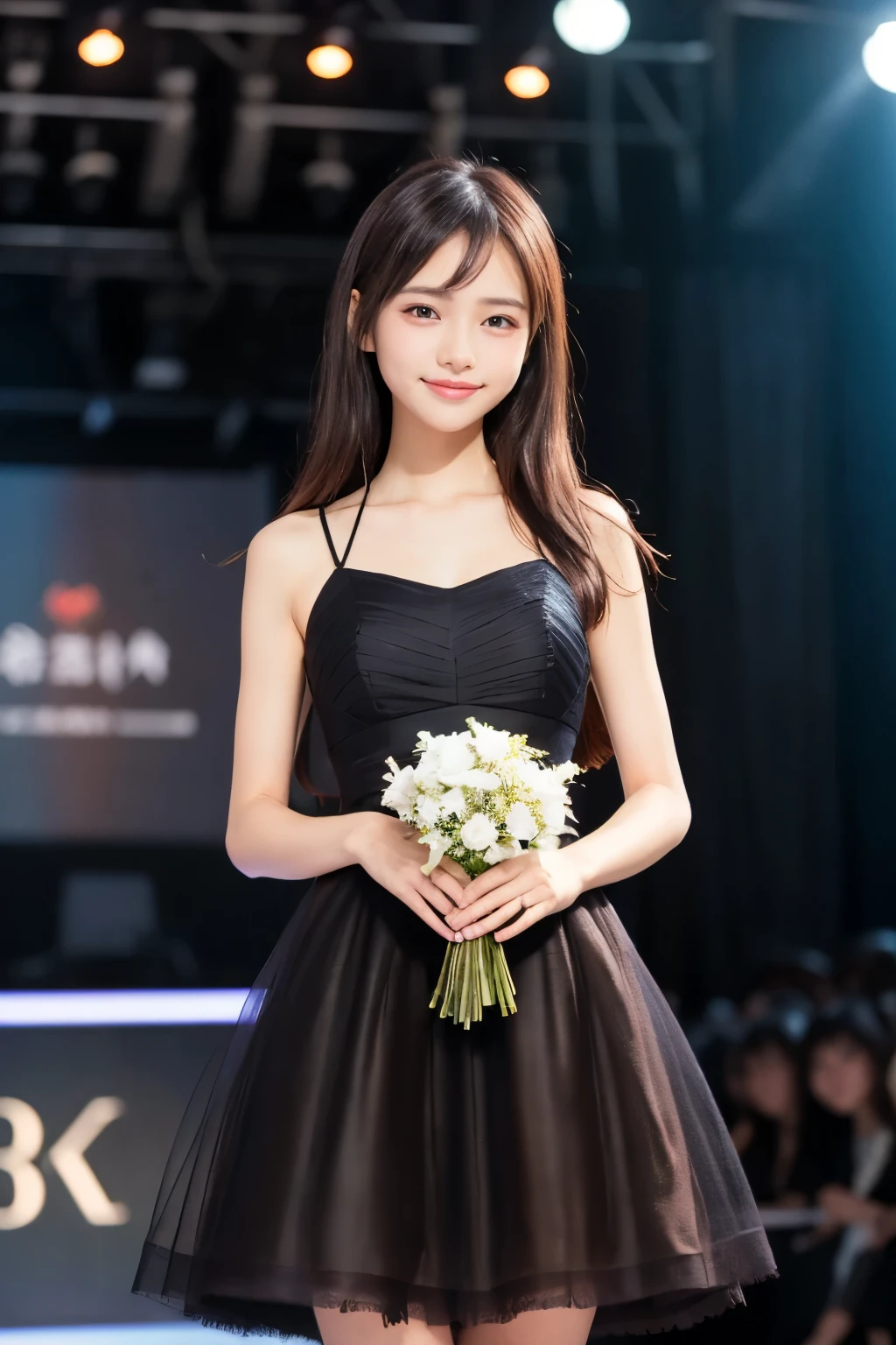 One Woman,Full body photo Best quality, high quality, The background is clear,Beautiful woman, Japanese, detailed, detailed eyes, detailed skin, Beautiful Skin, 超High resolution, (reality: 1.4),Very beautiful woman, 21-year-old Japan woman、Beautiful Skin, thin, (Ultra-photorealism), (High resolution), (8K), (非常にdetailed) (Beautiful and detailed eyes), (非常にdetailedな), (detailed face), Displaying the viewer, Fine details, detailed face, Staring straight ahead, Staring straight ahead, Photo Real, Bright lighting, Professional Lighting, Black Hair,ponytail,髪型はponytail,ロングponytailの髪型,smile,Wearing an haute couture dress,Walking the runway at a fashion show,on stage,Get noticed、Slim fashion model