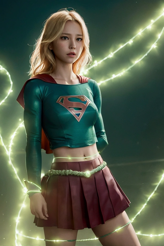 A glowing green rope wraps around Supergirl's stomach.,The rope also wraps around Supergirl's legs.,Supergirl has a pained look on her face.