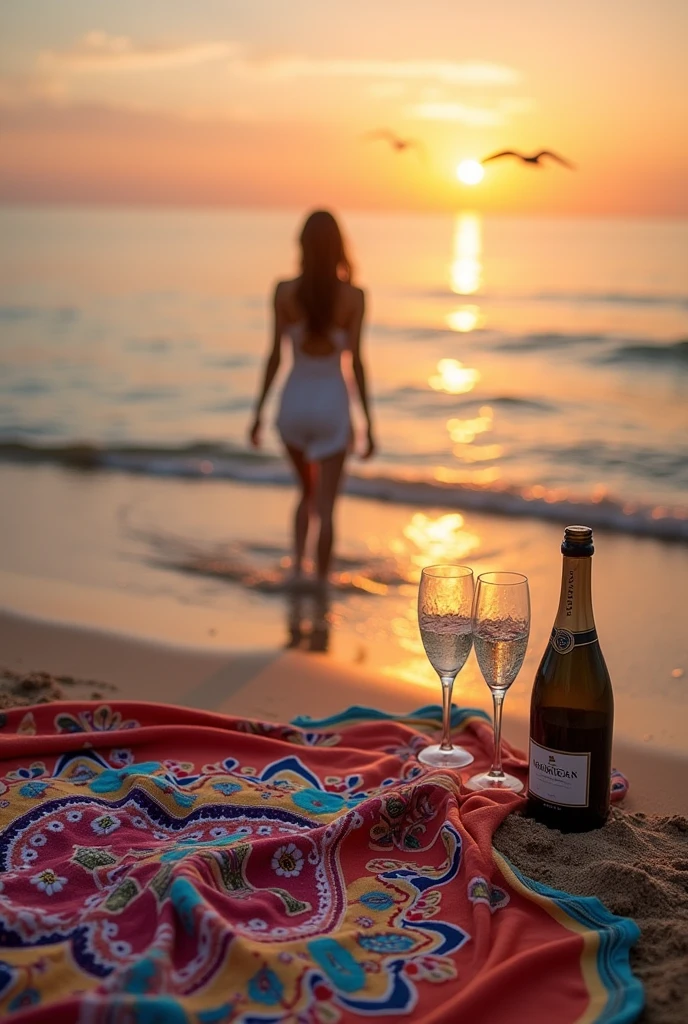 Sea sunset dusk waves seagulls on the water towel bottle champagne and 2 glasses On the sand the initials V and D blurred written in the sand Woman in the sea water