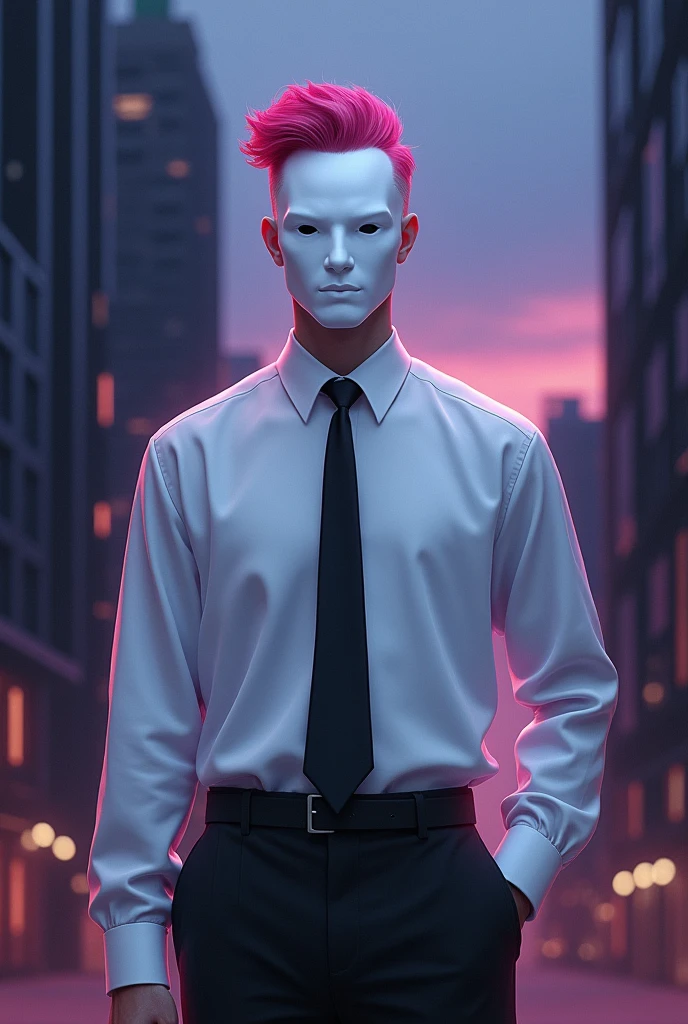 Create a man with a white mask and pink hair with a quiff on the right and a shaved left side with a white blouse and black tie