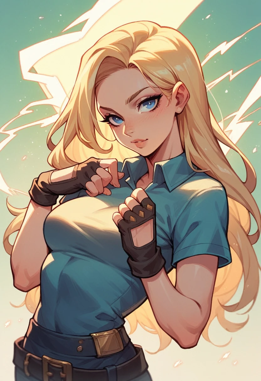 a beautiful cartoon lady is posing for the picture of lightning bolt effects, 1girl, solo, blonde hair, fingerless gloves, gloves, blue eyes, long hair