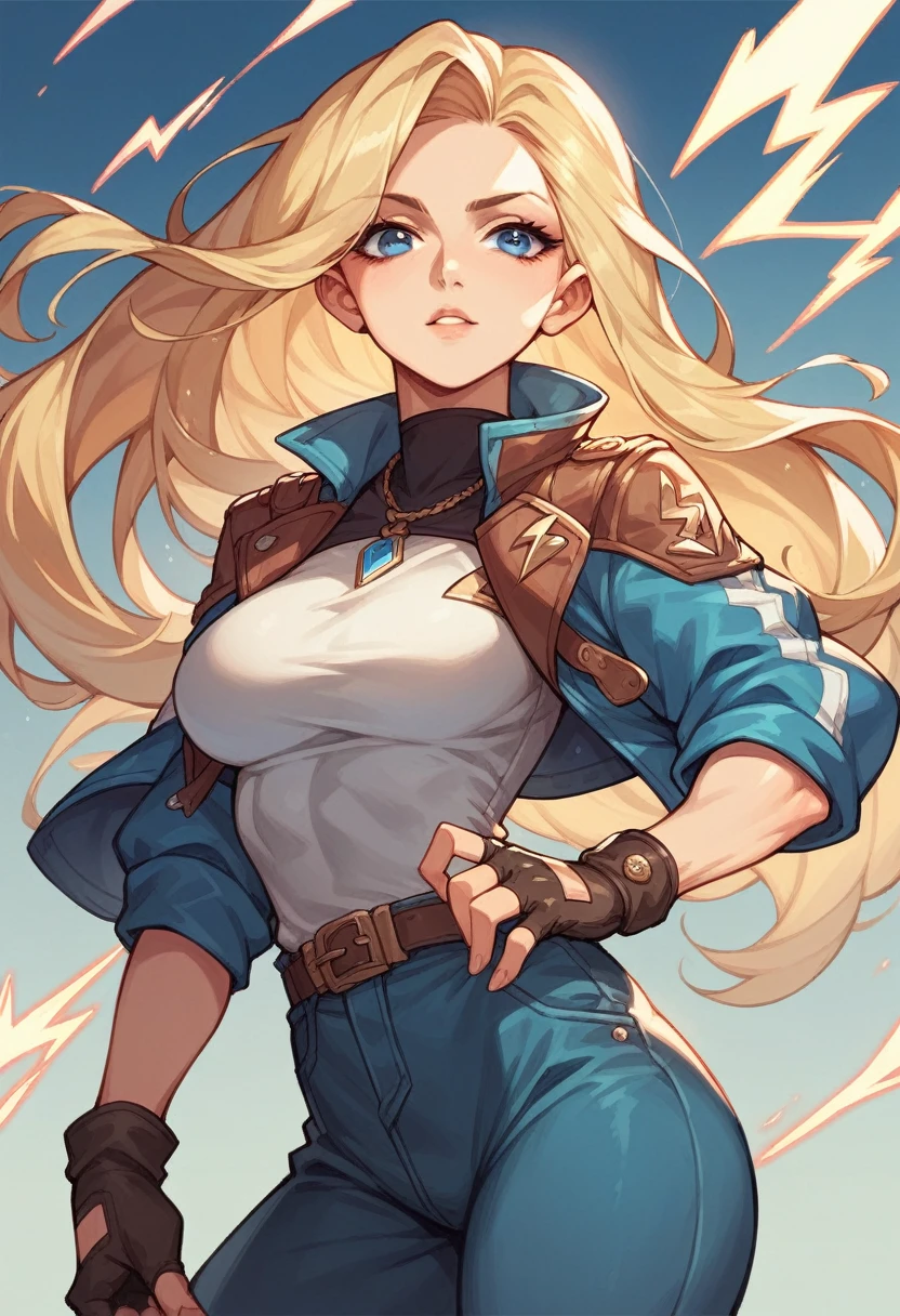 a beautiful cartoon lady is posing for the picture of lightning bolt effects, 1girl, solo, blonde hair, fingerless gloves, gloves, blue eyes, long hair