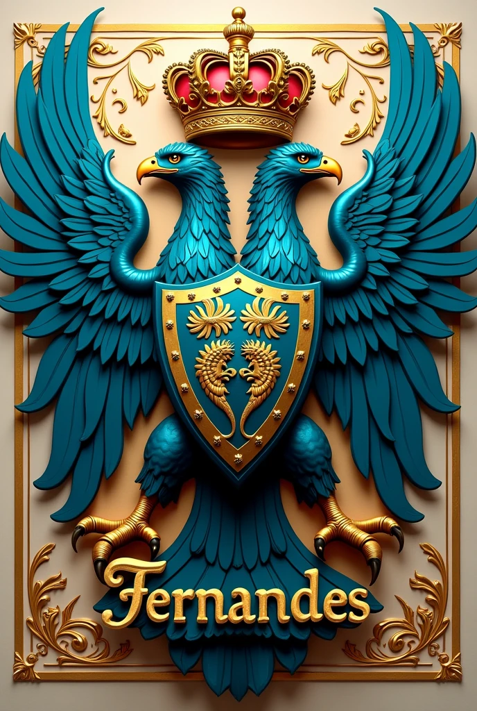 a coat of arms, with two eagles in cyan color, with gold details ,and with the name Fernandes written in gold