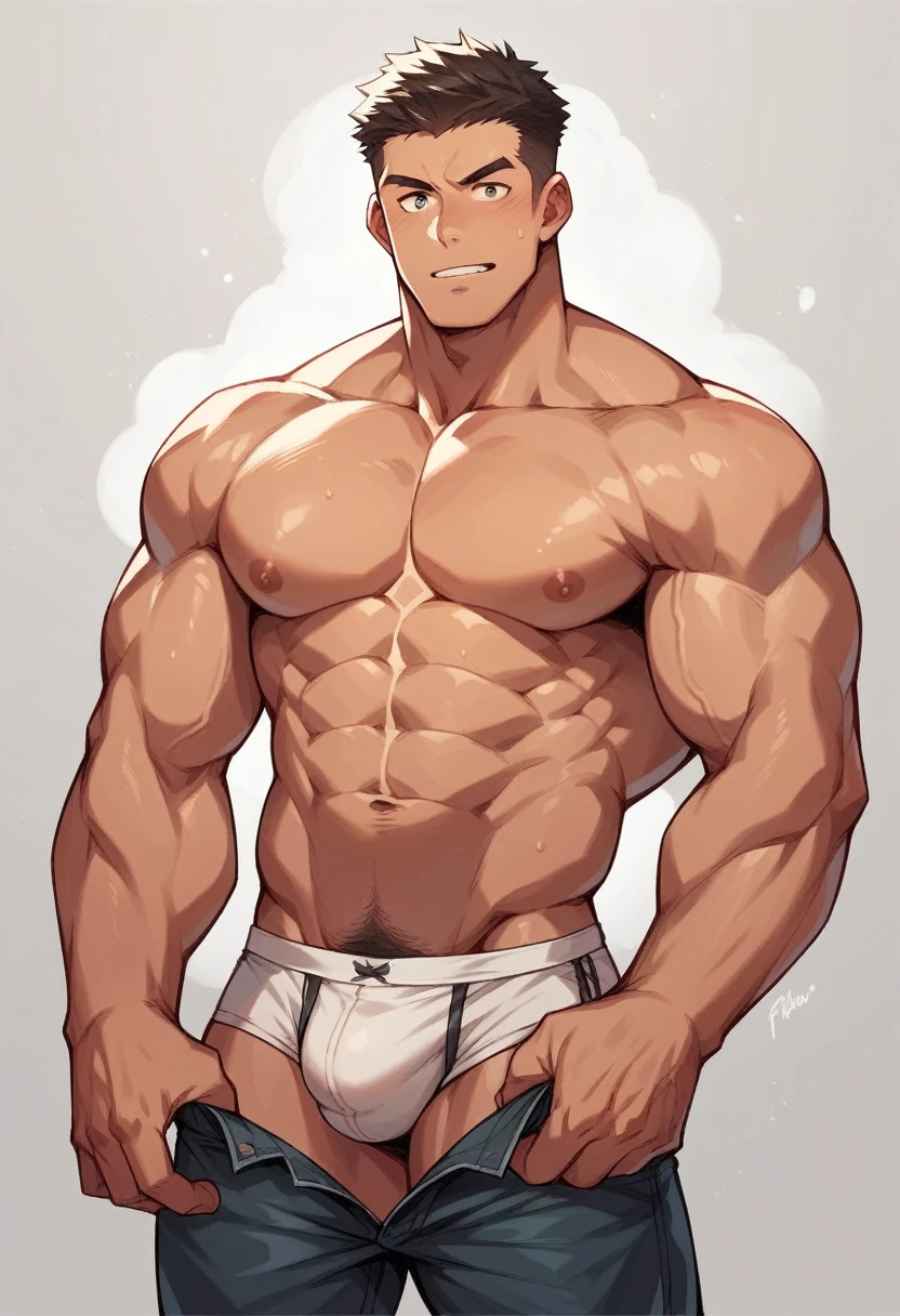 Muscular man without underwear with his pants unbuttoned with a large bulge in his underwear