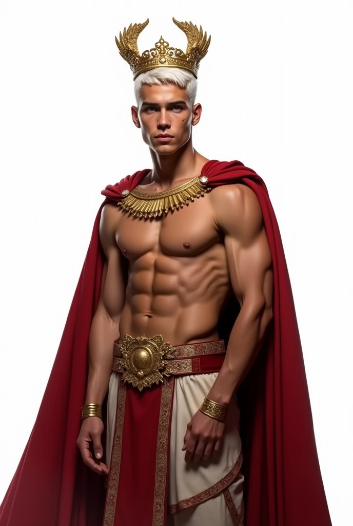 25 year old man, muscular, with a claw scar on the left side of his face, brown left eye, blue right eye, heterochromia, trapezoidal head, Aquiline nose, sunken chin, short beard, short hair castaño con degradación blanco en las puntas, short hair, wide shoulders, well-built, dressed as emperor, golden laurel wreath crown, red cape, tanned skin, standing, White background, High resolution,sharp focus,(ultra detailed,extremely detailed), (Best Quality)