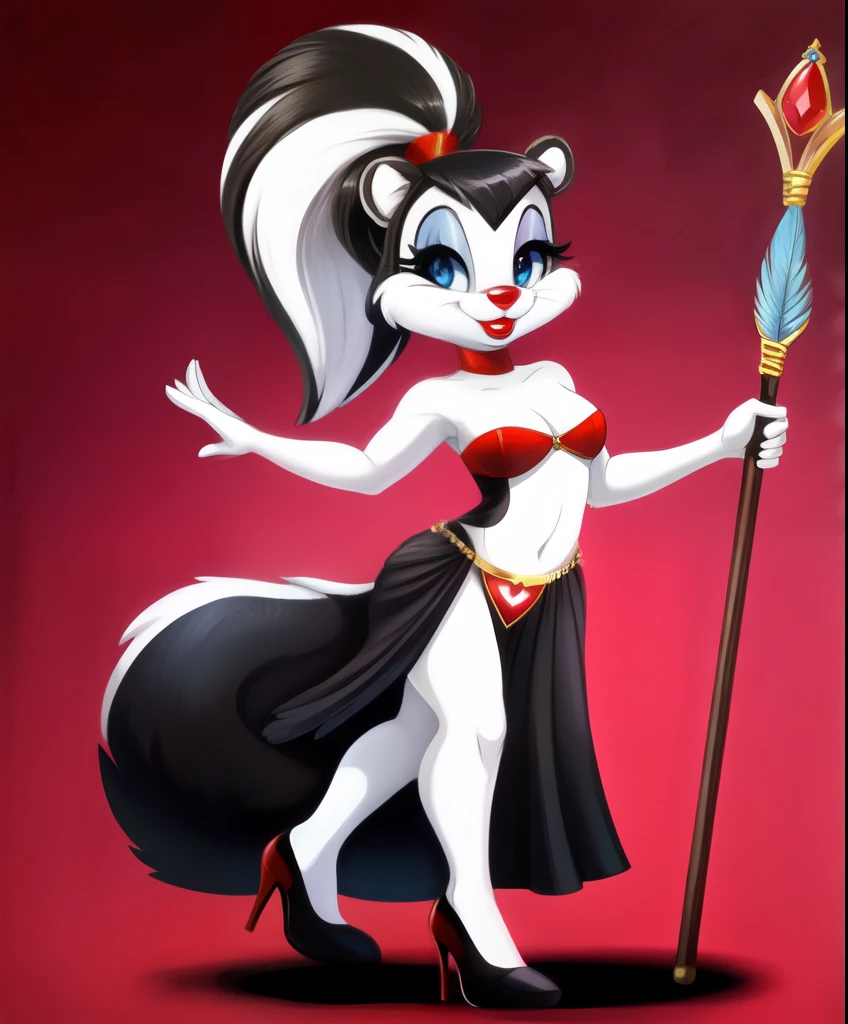Female anthro skunk (black and white), ponytail hair, eye shadows, red lips, red heart shaped strapless belly dancer, ladies shoes, holding a feathers fan staff, tiny toons style