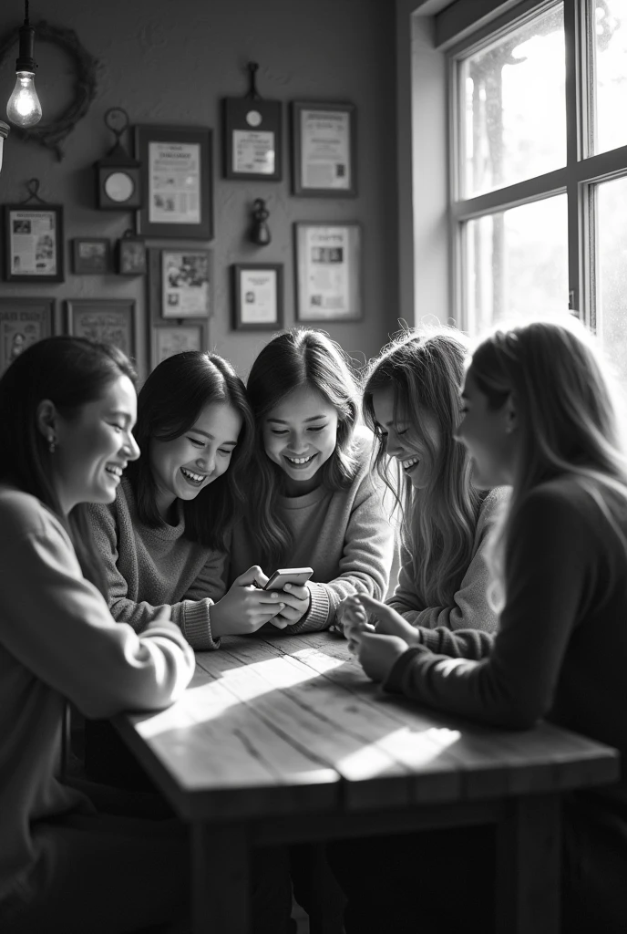 6 girls talking when they get a message, in black and white