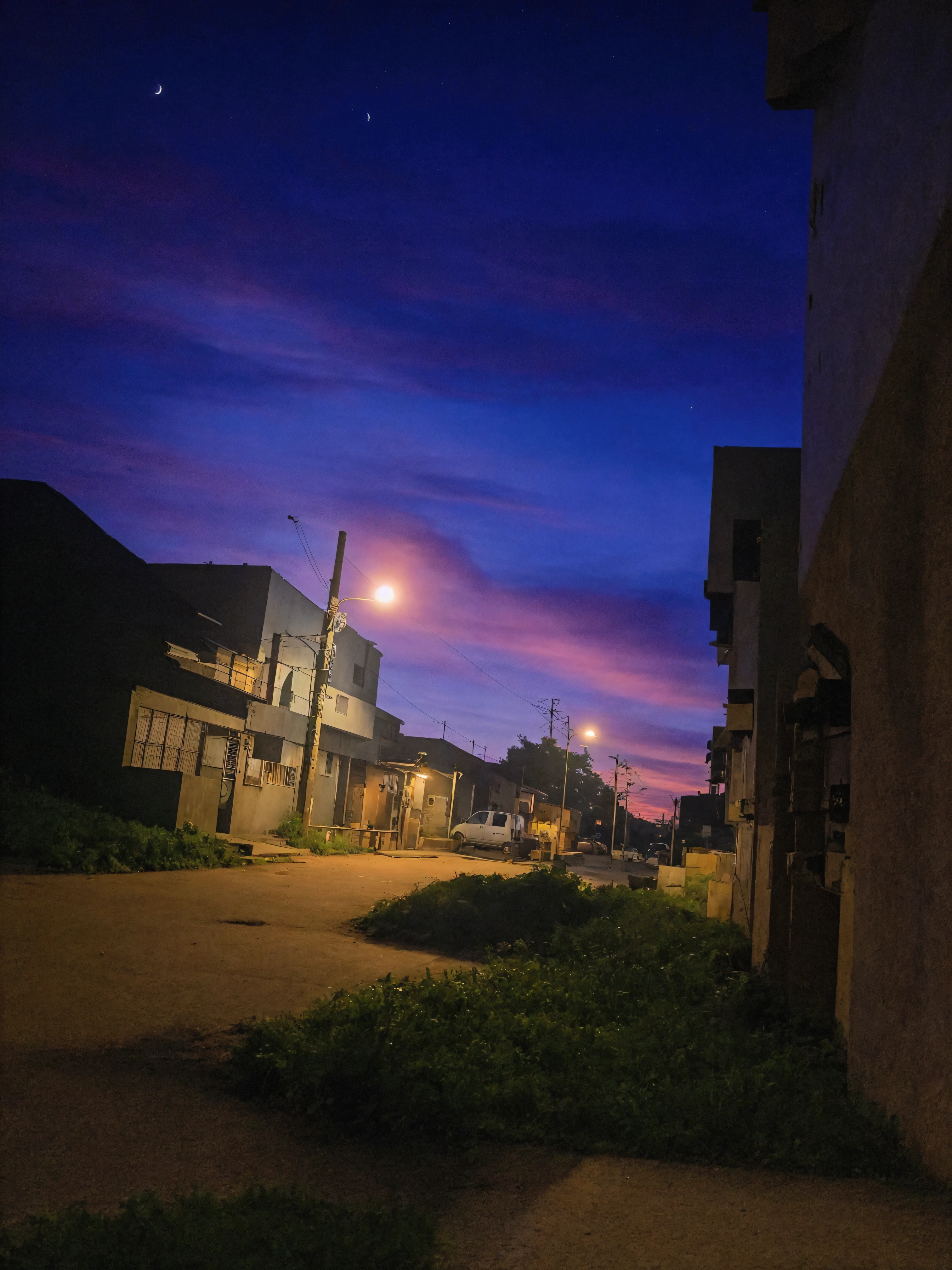 there is a streetlight on at night, on a street at night, it&#39;s night, beautiful and spectacular twilight, night time photographyy, street moon landscape, street at night, with bright lights at night, beautiful dusk, night time photography, colored sky, at night with moon light, with vibrant sky, night street, in city street at night