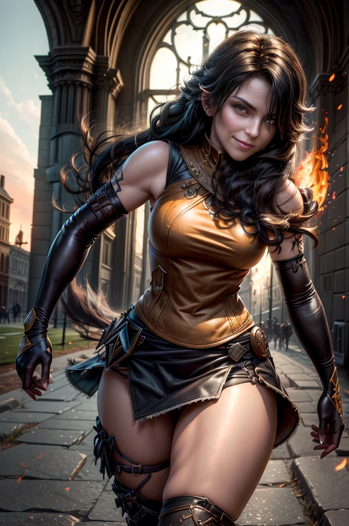 (masterpiece, best quality:1.2), cowboy shot, dynamic pose, solo, 1girl, cinder fall, evil smile, holding flames, looking at viewer, long hair, t-shirt, white skirt, sleeveless jacket, elbow gloves, pantyhose, standing outside huge gothic building, trees, (volumetric lighting), sharp focus, hyper detailed 