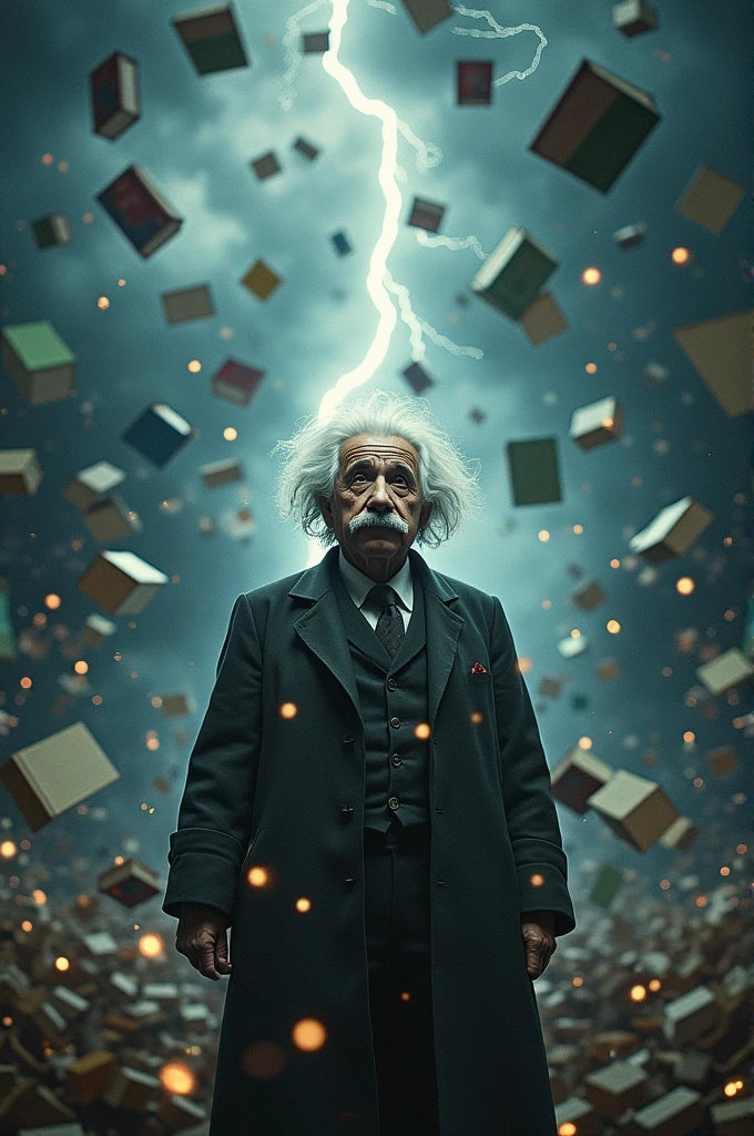 Albert Einstein with lightning and a rain of books falling from the sky photo realistic