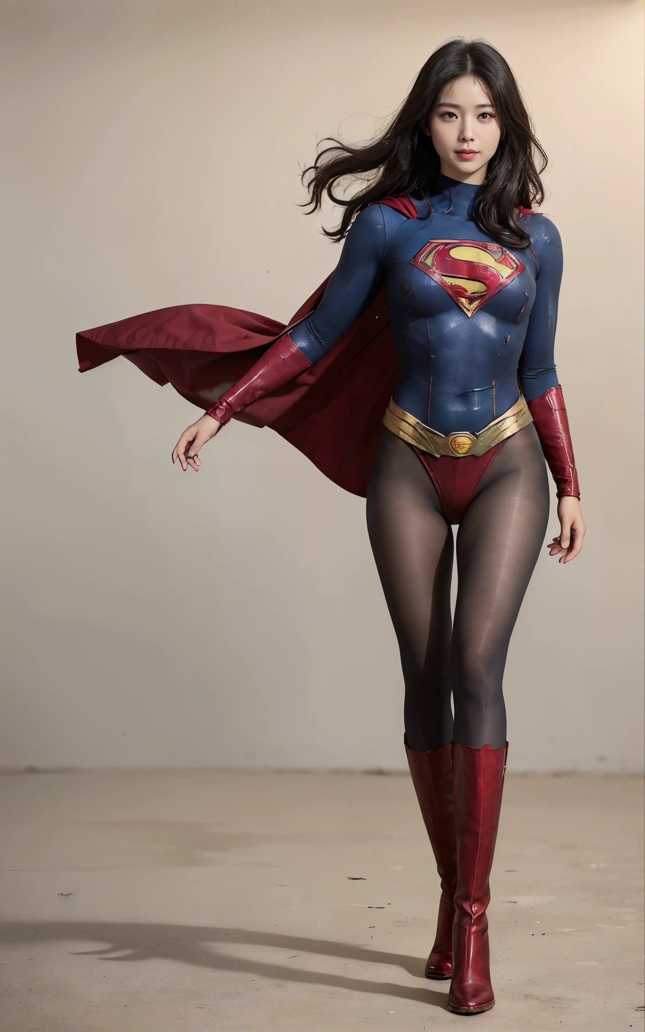 No background、(((Beautiful legs in black tights.)))、(((Legally express the beauty of your smile)))、((((Make the most of your original images)))、(((Supergirl Costume)))、(((Beautiful Hair)))、(((suffering)))、(((Please wear black tights....、Wear red boots)))、((Best image quality、8k))、((Highest quality、8k、masterpiece:1.3))、(((Preserve background )))、Sharp focus:1.2、Beautiful woman with perfect figure:1.4、Slim Abs:1.2、Wet body:1.5、Highly detailed face and skin texture、8k