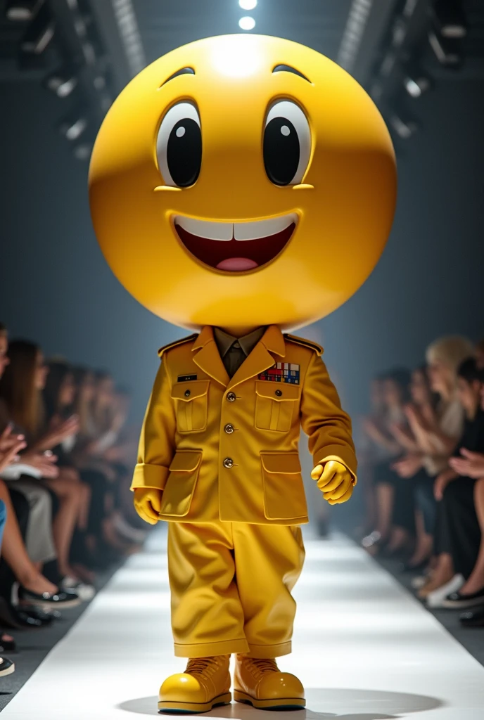 Cute smiley emoji with very big head wearing military air force uniform and military hat in realistic full body fashion show