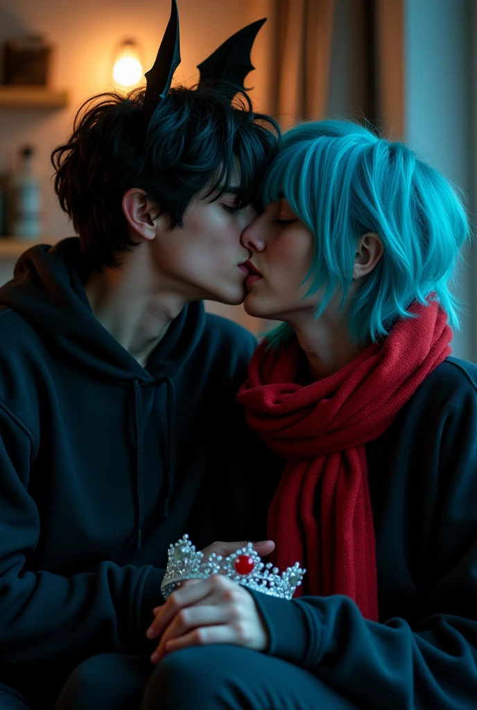 Create an anime image of two 19 year old boys,one is called Bat he wears a black sweatshirt,her hair is black with two bat wings,the other one is called Sdepy he wears a black sweatshirt with a red scarf,her hair is cyan and she wears a crown and is on her lap,the two are kissing, saliva coming out,they are in a dark room 