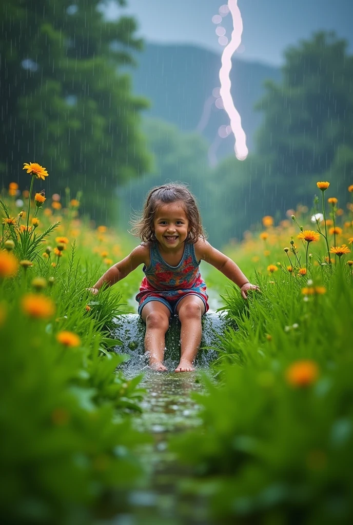 Create a , barefoot, plays happily in a green field in the rain. with a big smile, slides down a natural slide made of grass, surrounded by the beautiful nature that surrounds it. about him, The sky is illuminated by flashes of lightning that contrast with the intense green of the landscape.