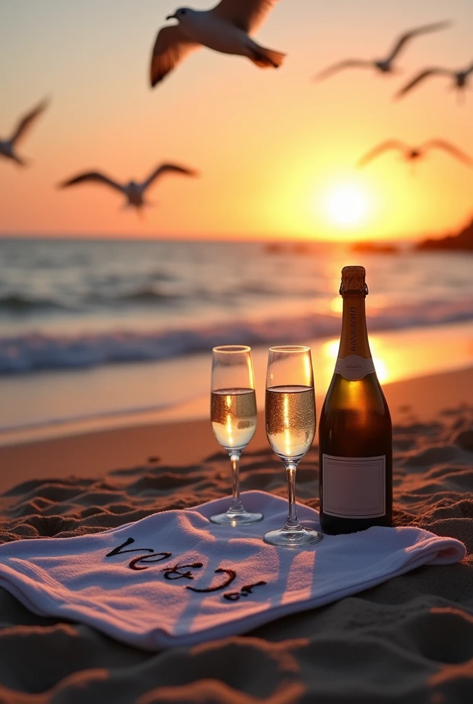 Sea sunset dusk waves seagulls on the water towel bottle of champagne and 2 glasses In the sand the initials V and D blurred written in the sand