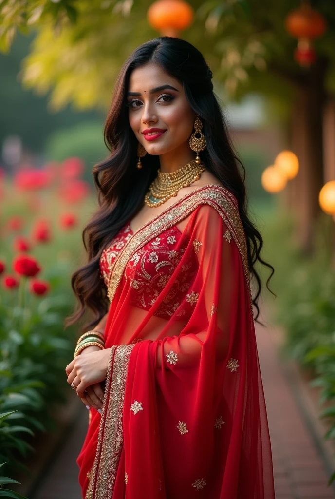 sexy indian woman in red sari posing for a picture