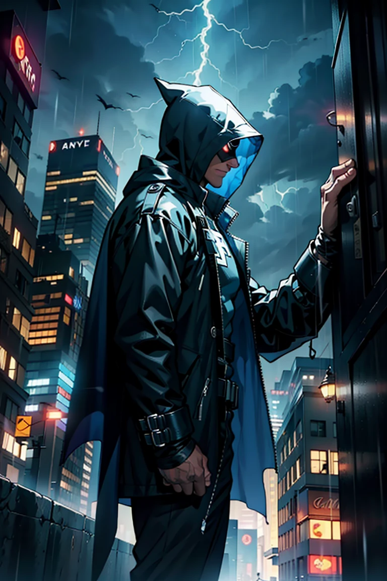 A masked vigilante, cloaked in shadows and lightning, stands atop a skyscraper in a torrential storm, facing a determined young detective who has finally caught up with him, their tense standoff illuminated by the flash of lightning across the sky.