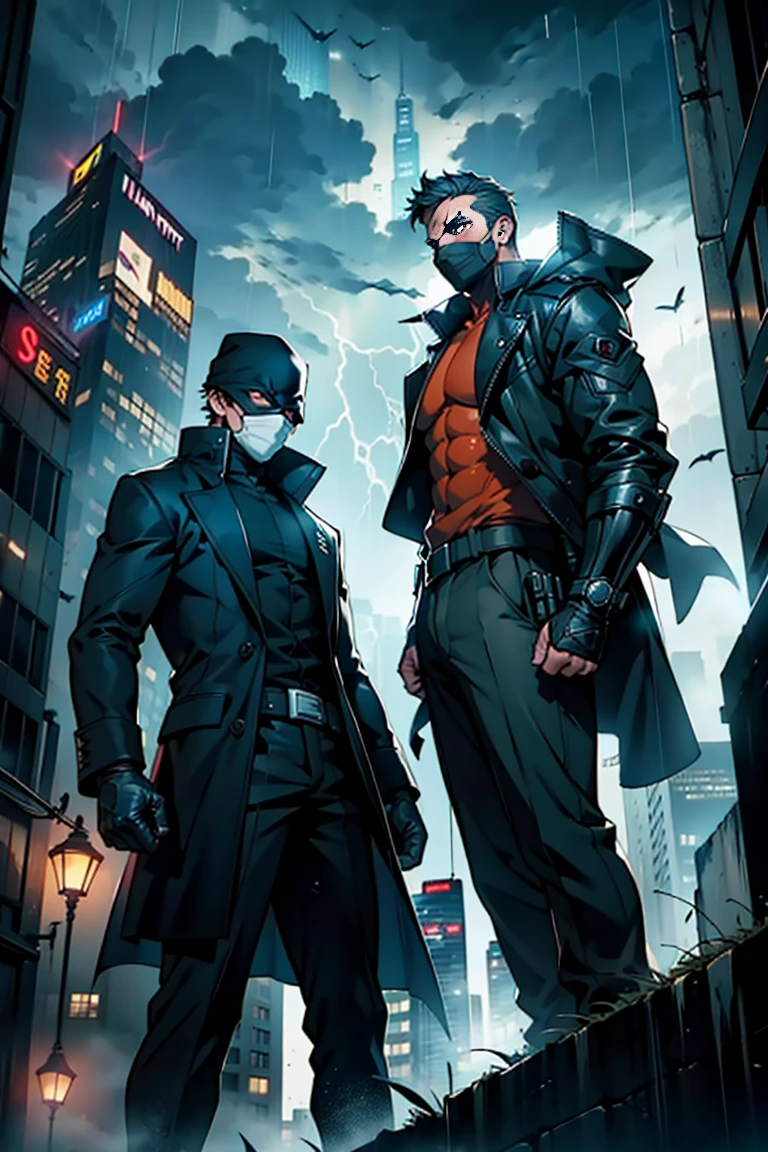 A masked vigilante, cloaked in shadows and lightning, stands atop a skyscraper in a torrential storm, facing a determined young detective who has finally caught up with him, their tense standoff illuminated by the flash of lightning across the sky.