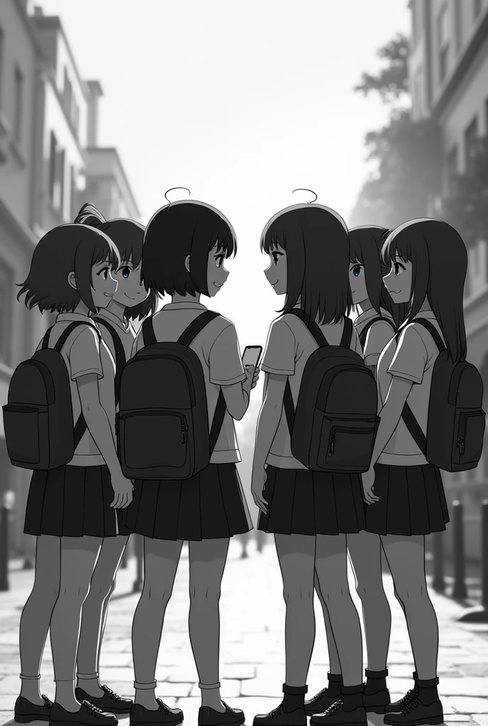 6 girls talking when they get a message, in black and white and with their backs turned
