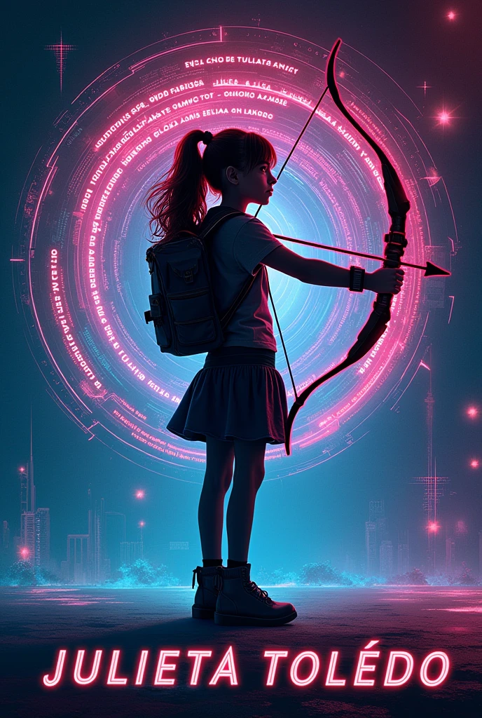 Book cover with the lyrics in Spanish"mind games" On top, A girl standing using a bow and arrow on a futuristic background, and at the bottom the letters author Julieta Toledo, The lyrics must be in Spanish 