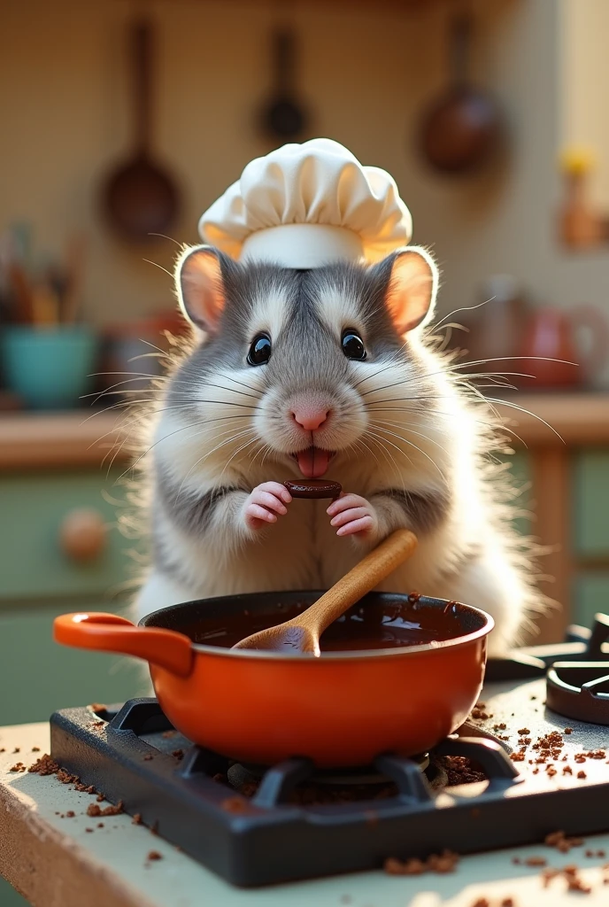 Create an image of a hamster with very messy, white and gray fur wearing a chef's hat stirring a pan of chocolate