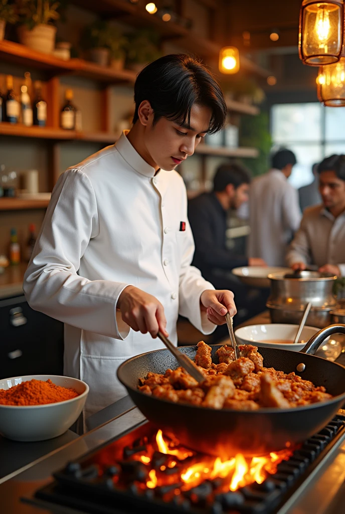 BTS band memeber Jungkook wearing shalwar kameez of white colour simple making lamb chops karahi at charsi tikka restaurant in Peshawar.