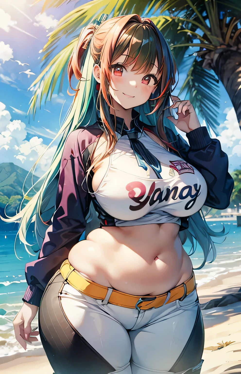 Anime illustration ((((neo)))) 、highest quality、A short and plump high school girl、hot pants、Sandy Beach、Perfect proportions、overwhelmingly big breasts、Beautiful, shining eyes、Blushed、smile、Cowboy Shot, (((RED HAIR))) (((RED HIGHLIGHTS)))