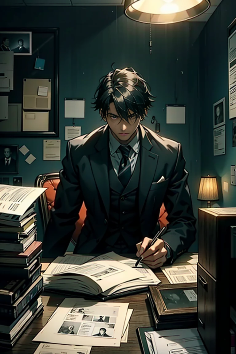 A young detective sits in a dimly lit room, surrounded by piles of classified documents and photos of shadowy figures, his face illuminated by the eerie glow of a single desk lamp as he uncovers a dark conspiracy involving supernatural experiments.
