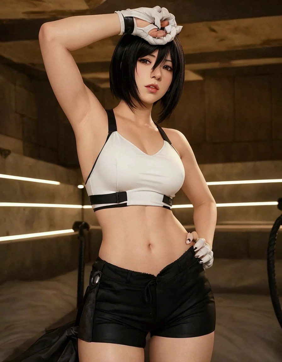 Arafed woman in a white top and black shorts posing for a photo, Tifa Lockhart, Tifa lockheart, Tifa, seductive Tifa Lockhart portrait, glamorosa Tifa lockheart, sports well and shirt, sports well, as supervisory character, cosplay chica anime, Senna de League of Legends, Tifa Lockhart portrait, portrait of Tifa Lockhart