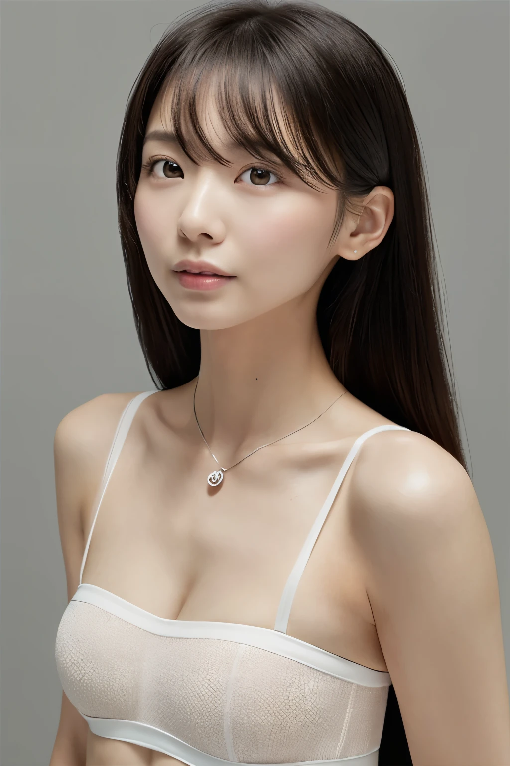 Skinny Japanese woman, Dressed, small head, cute face, detailed face, detailed eyes, (photographrealistic:1.4), (Hyper realistic:1.4), (Realistic:1.3), (Smoother lighting:1.05), (increase cinematic lighting quality:0.9), 32K, 1girl in, 30-years old, Realistic lighting, Backlighting, Light on Face, raytrace, (Brightening light:1.2), (Increase quality:1.4), (Top quality real texture skins:1.4), Black underwear, a necklace, Very thin waist, slender legs, (Increase body line mood:1.1), (Increase the beauty of skin texture:1.1)