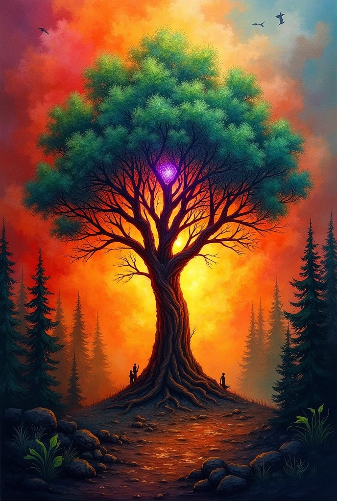 A painting using the impressionism technique that shows a burning forest and in the center a colorful tree with a large honeycomb