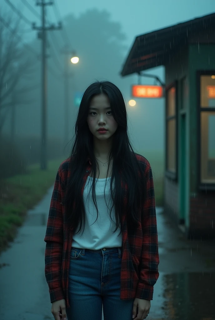 (masterpiece:1.2),best quality,high quality,(realistic),(absurdres:1.2),UHD,ultrarealistic, (rainy night, dark, dark photo, grainy, dimly lit:1.3),a young female (asian features) standing alone in front of an old,shabby,unlit transit station in a deserted countryside on a dark night,full body,(beautiful eyes, beautiful symmetrical face),long black hair,bangs,plaid, jeans,looking at viewer,fog, noise,film grain,depth of field,analog film style,vivid color, frontal view