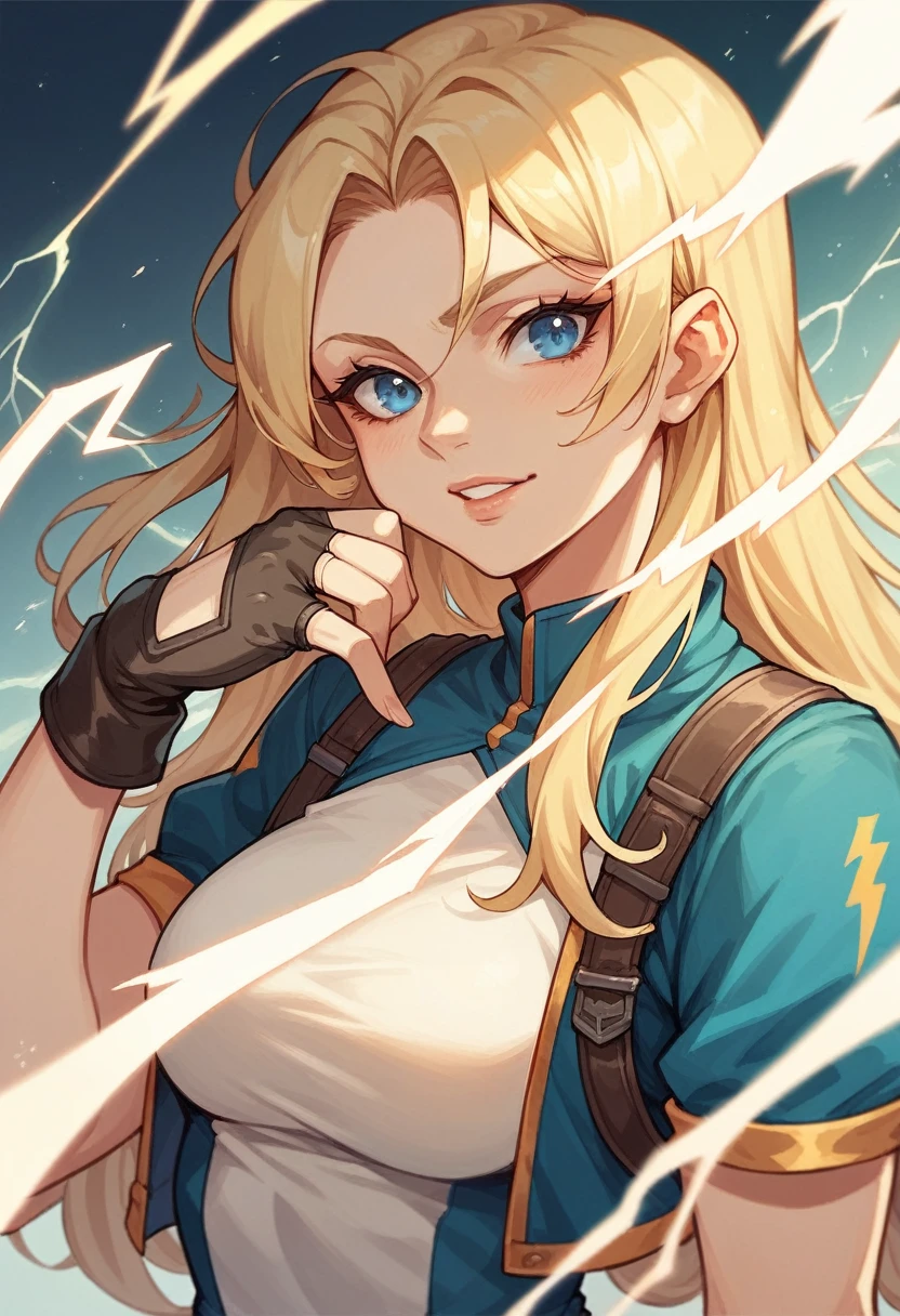 a beautiful cartoon lady is posing for the picture of lightning bolt effects, 1girl, solo, blonde hair, fingerless gloves, gloves, blue eyes, long hair