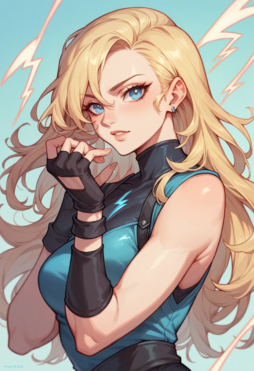 a beautiful cartoon lady is posing for the picture of lightning bolt effects, 1girl, solo, blonde hair, fingerless gloves, gloves, blue eyes, long hair