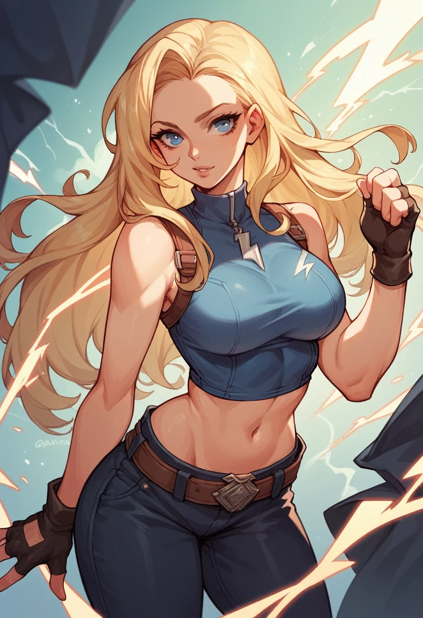 a beautiful cartoon lady is posing for the picture of lightning bolt effects, 1girl, solo, blonde hair, fingerless gloves, gloves, blue eyes, long hair