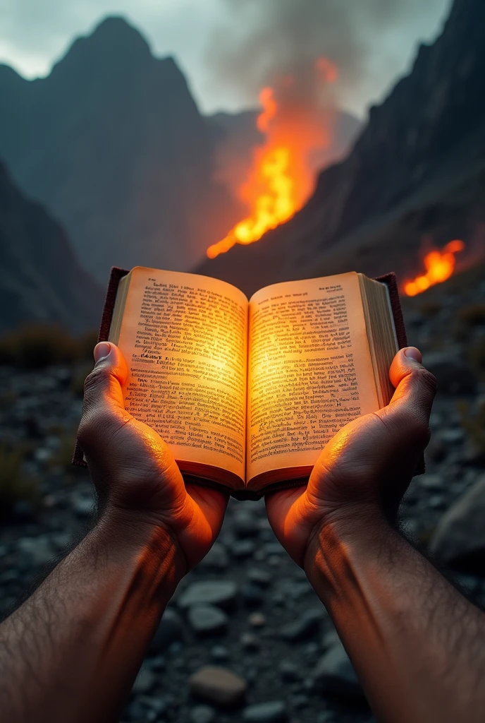 In a fiercely fire and wilderness mountain background an upfront layer of two rough hard worked sweaty hands with his nerves visible of a person holding the open bible close up to the screen where the words of bible appearing like the shining fire and power of the Lord where he is reading James chapter 1 visible on the open bible