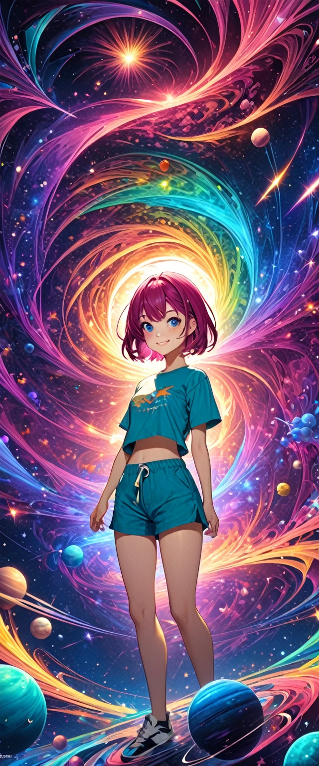 Masterpiece, high definition, 4K, 8K, anime girl, short straight hair, magenta hair, dark turquoise eyes, cute anime girl, summer shorts, short t-shirt, smiling face, ((shooting stars)), fractal art, Gwaiz , background of the outer universe, surrounded by tiny planets