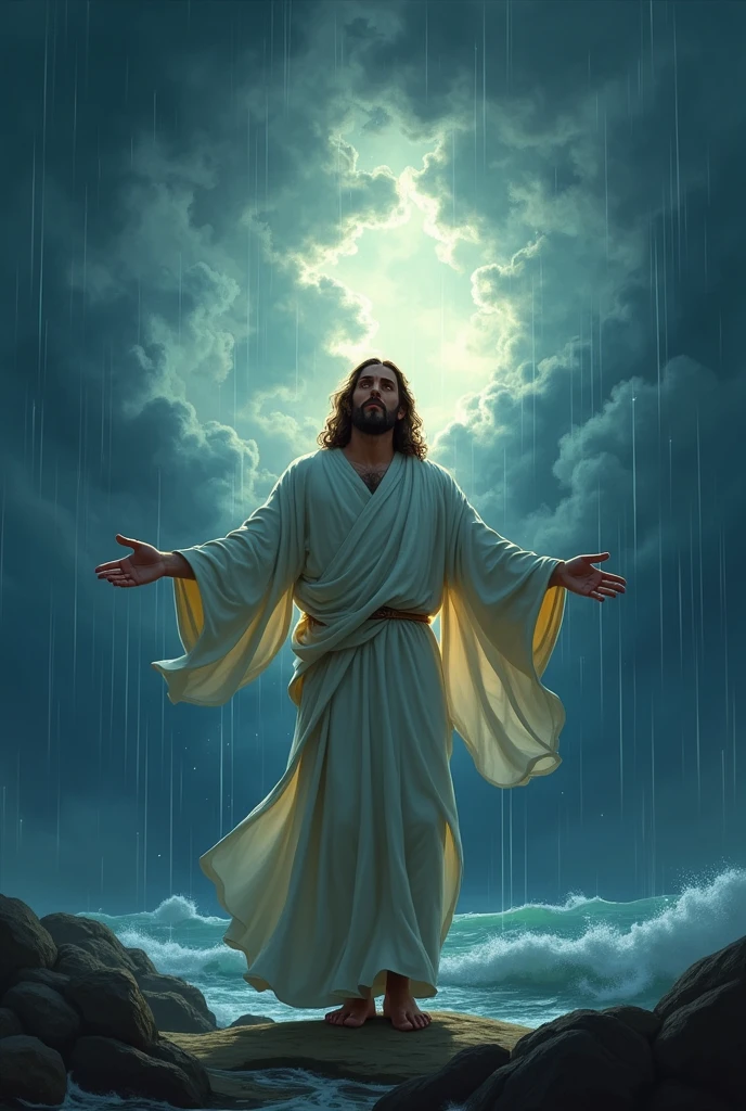 "Create a detailed and high-quality illustration scene describing the prompt entirely in Disney Pixar style 3D cartoon illustration ( "A stormy sky with dark clouds and echoing thunder, where jesus in the center )