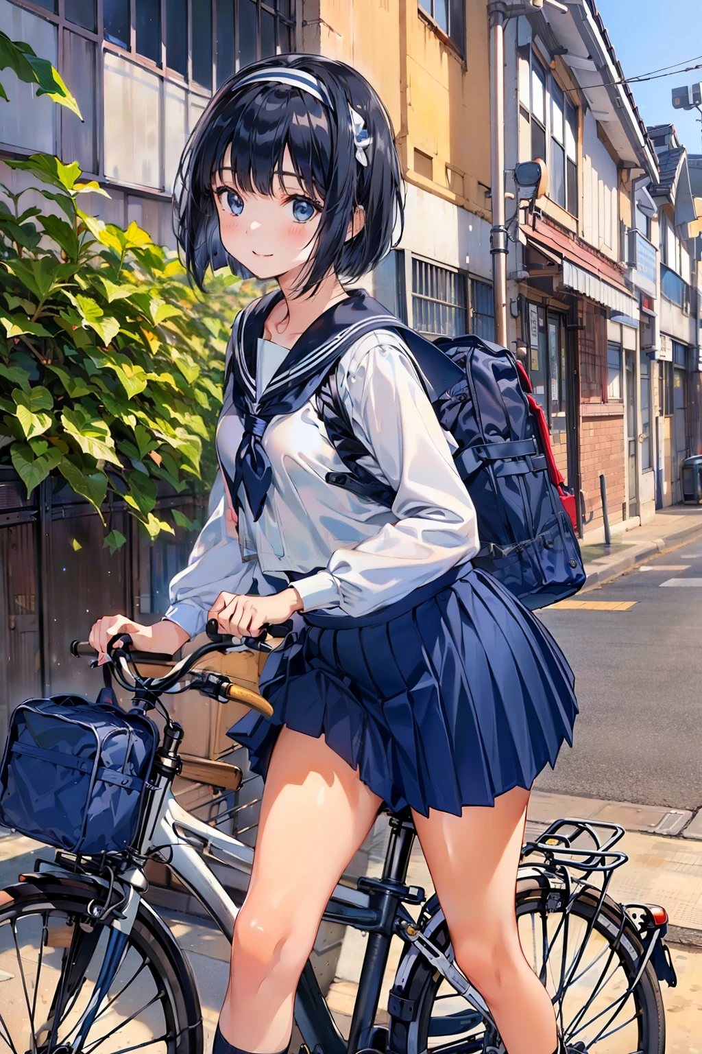 One Woman, (Beautiful woman, delicate:1.3), Black Hair, (bob cur:1.4), bangs, 8k, Highest quality, masterpiece, Very detailed, Ultra-high resolution, Realistic, RAW Photos, Absolute Resolution, Black Hair, (dark blue sailor uniform:1.4), (dark blue pleated skirt:1.4), (Realistic junior high school student:1.4), (White headband:1.4), Small breasts, expensive, Bright Blue Eyes, (In front of the school gate), smile, (standing pose:1.4), (one school bag on shoulder:1.4), (long skirt:1.4), slender female body, (Blur the background:1.4), (looking at the camera:1.4), (glossy hair), (get on a bicycle:1.4), (Sprint on a bicycle:1.4), School Bicycle, 